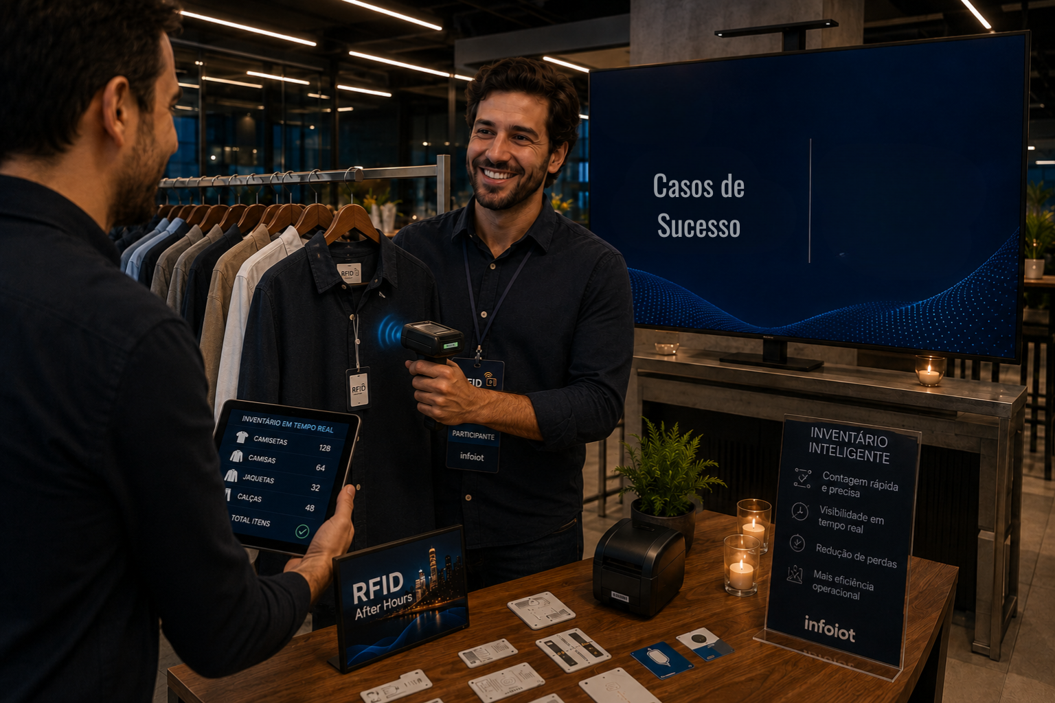 Participante escaneia etiqueta RFID em roupas para conferência de inventário em tempo real