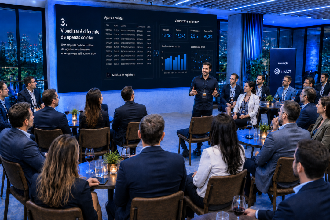 Palestrante apresenta dados de leitura RFID para a plateia no Rooftop GS1 Brasil
